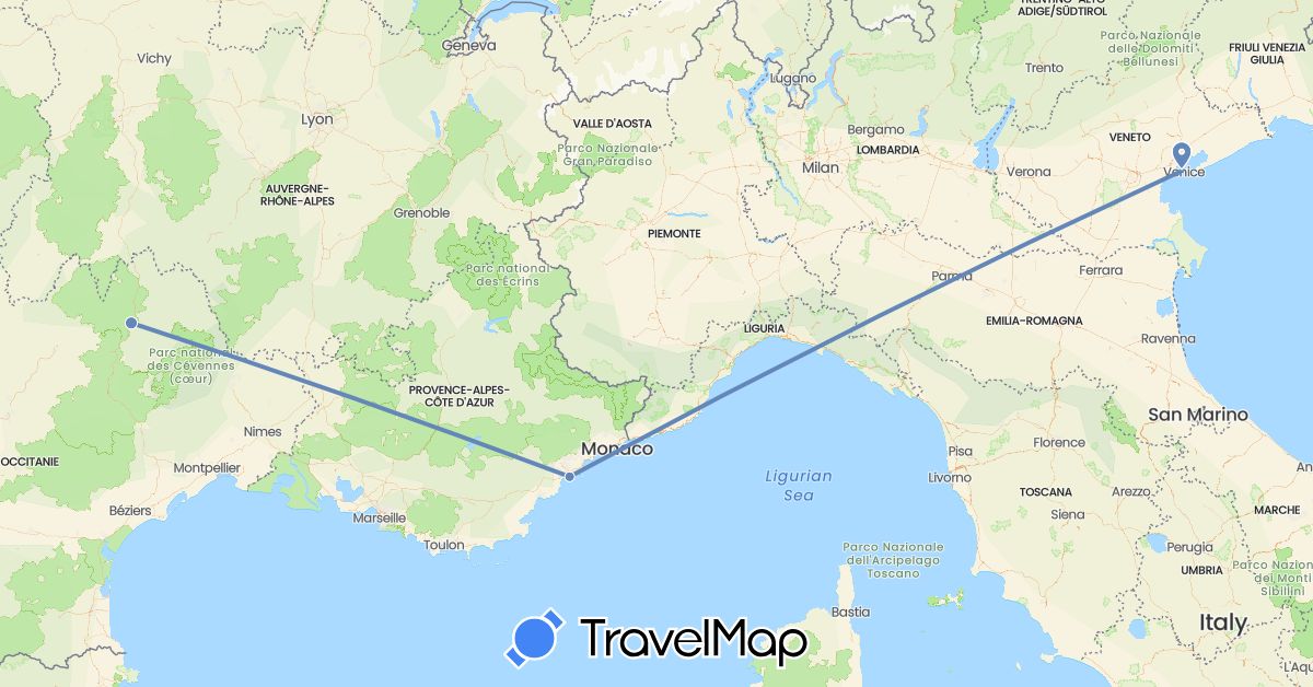 TravelMap itinerary: driving, cycling in France, Italy (Europe)